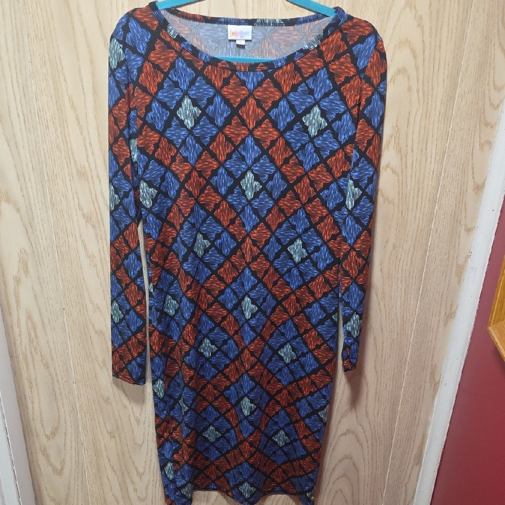 LuLaRoe Debbie- Blue and Red Geometric Long Sleeve Dress